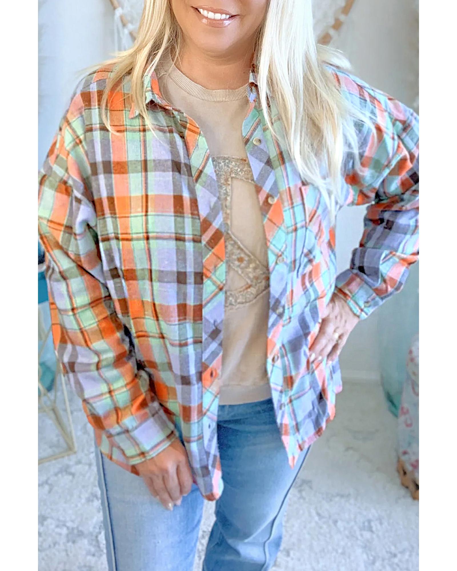 V539-AZEXPL2555262-P1422-1X-202506152030-00 Orange Plus Size Plaid Print Buttoned Shirt - 1X - Image 1