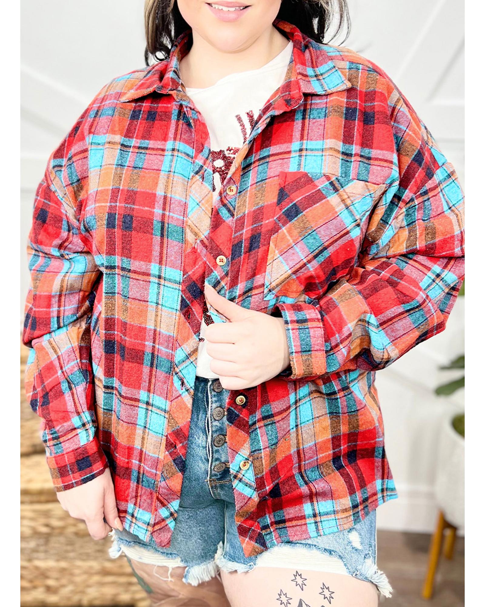V539-AZEXPL2555262-P322-4X-202508302335-00 Red Plus Size Plaid Print Buttoned Shirt - 4X - Image 1