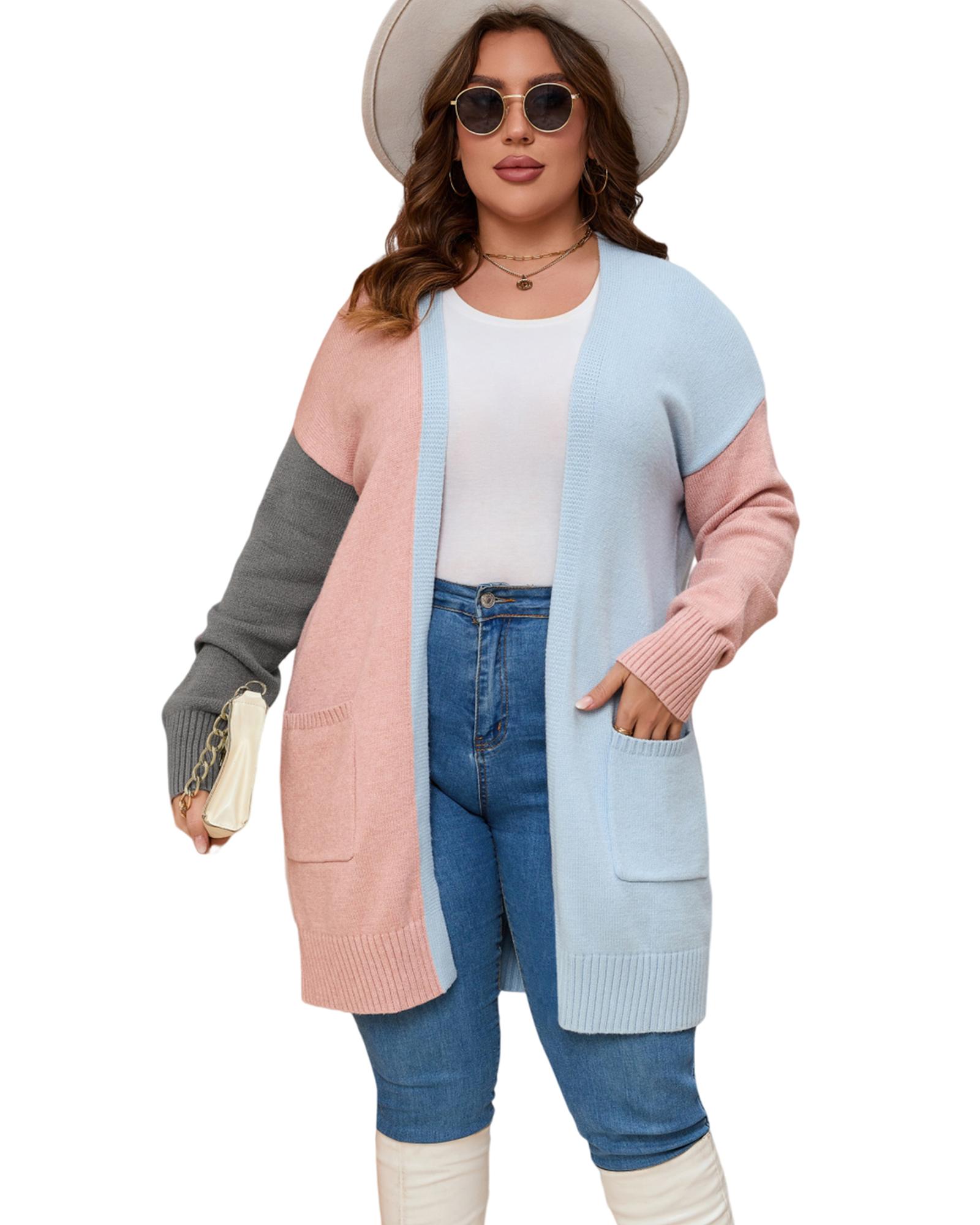V539-AZEXPL271031-22-3X-202508310030-00 Multicolor Plus Size Colorblock Pocketed Open Front Cardigan - 3X - Image 1