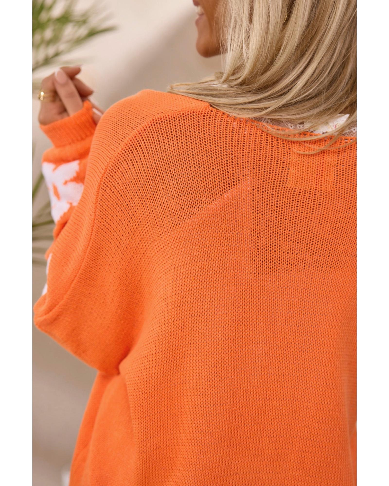 V539-AZEXPL2711718-P14-3X-202508310120-00 Orange Flower Pattern Drop Shoulder Plus Size Cardigan - 3X - Image 1