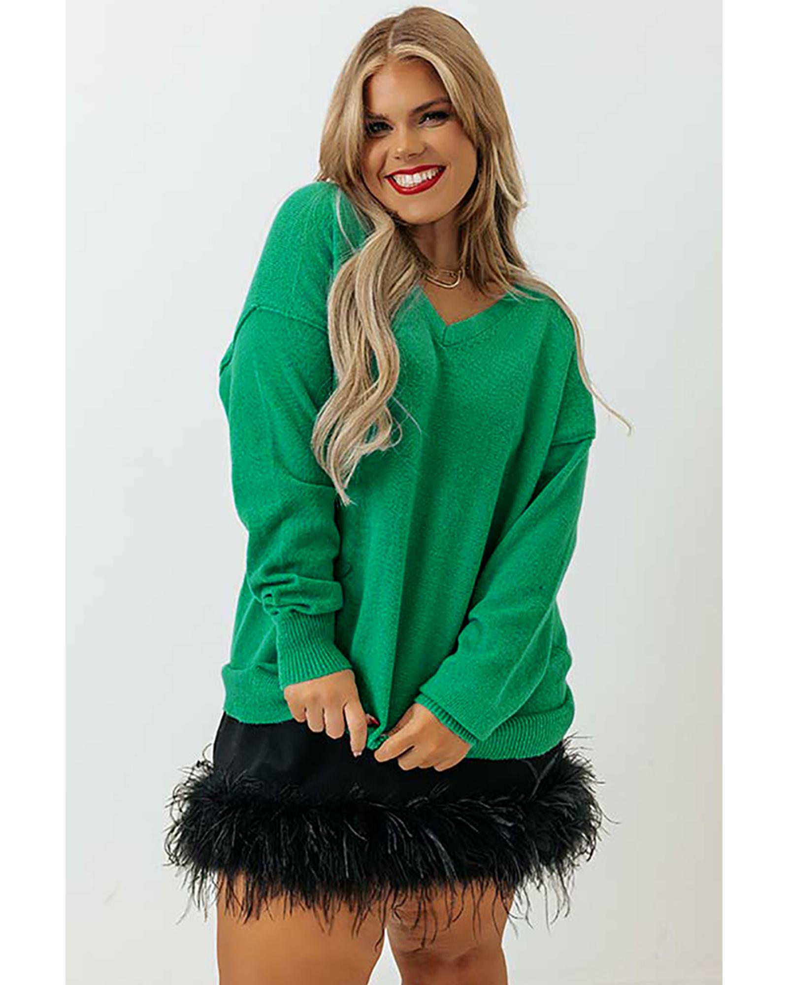 V539-AZEXPL272112-9-1X-202506151806-00 Green Plus Size Drop Shoulder V Neck Sweater - 1X - Image 1