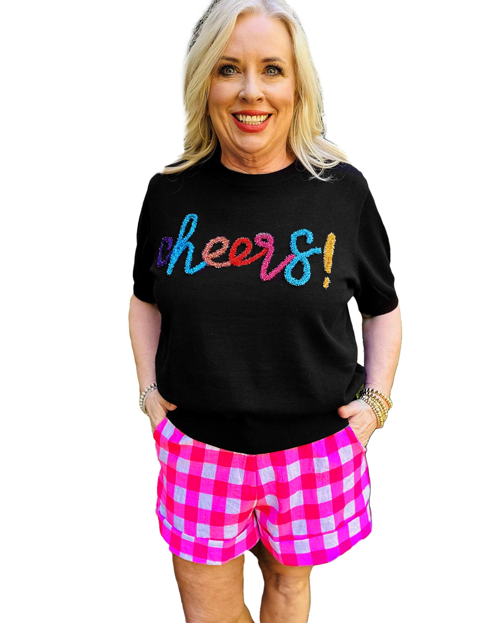 V539-AZEXPL272226-P2-1X-202506151827-00 Black Plus Size Cheers Glitter Tinsel Short Sleeve Sweater - 1X - Image 1