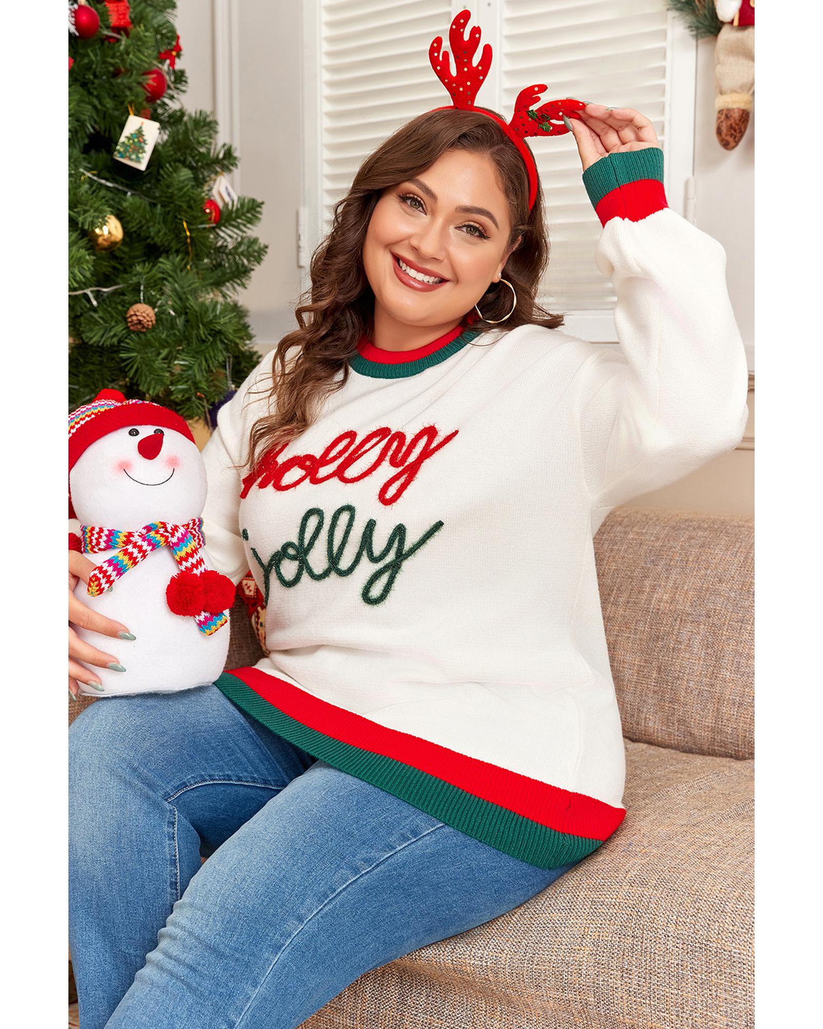 V539-AZEXPL272358-P122-4X-202508301850-00 White Tinsel holly jolly Pattern Colorblock Edge Drop Shoulder Plus Size Sweater - 4X - Image 1
