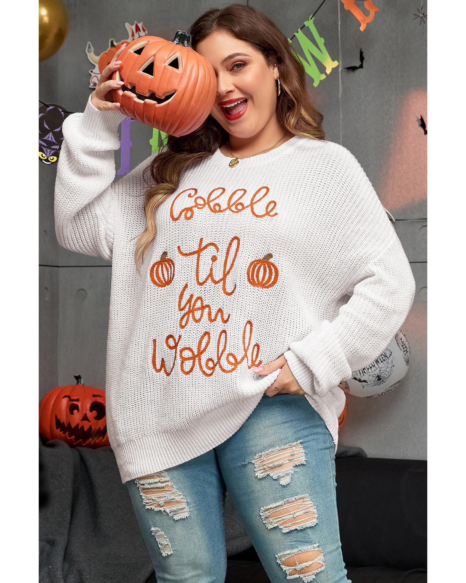 V539-AZEXPL272361-P101-2X-202508302005-00 White Gobble Til You Wobble Pop Up Crochet Plus Size Sweater - 2X - Image 1