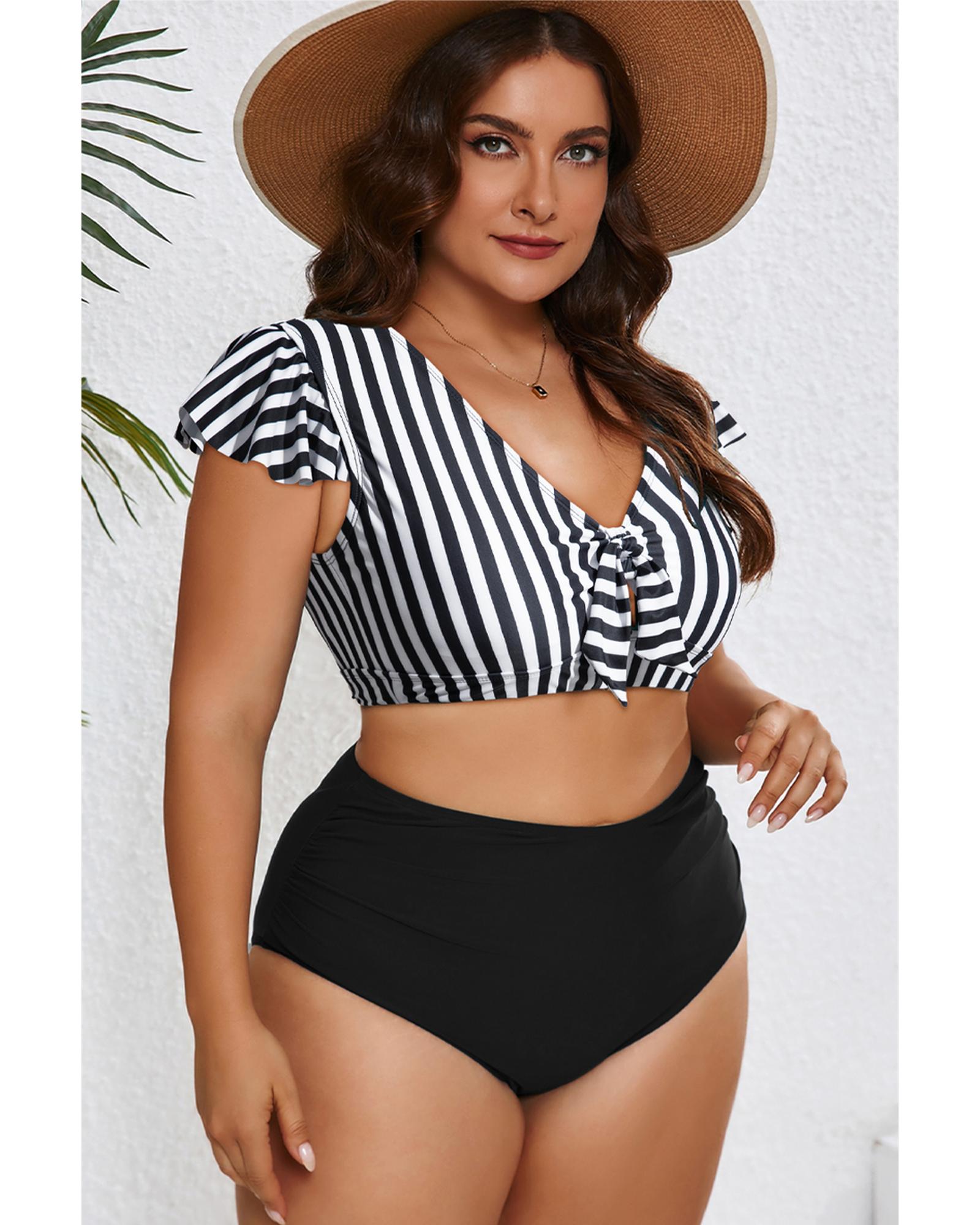 V539-AZEXPL43029-P219-3X-202508301010-00 Black Stripe Plus Size Knot Cutout Ruffle Sleeve and High Waisted 2pcs Swimsuit - 3X - Image 1