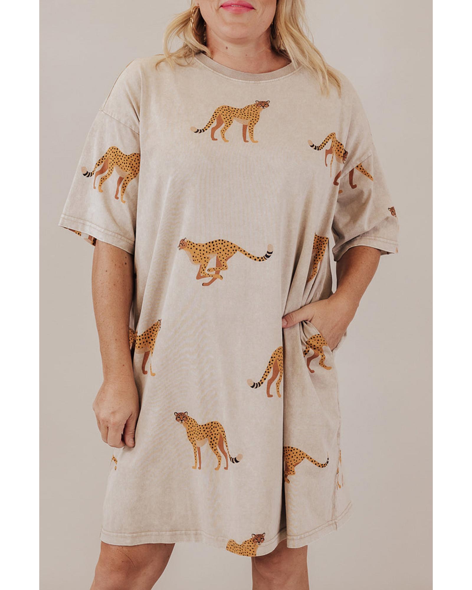 V539-AZEXPL611537-P1820-2X-202508301235-00 Apricot Plus Size Cheetah Print Side Pockets T Shirt Mini Dress - 2X - Image 1