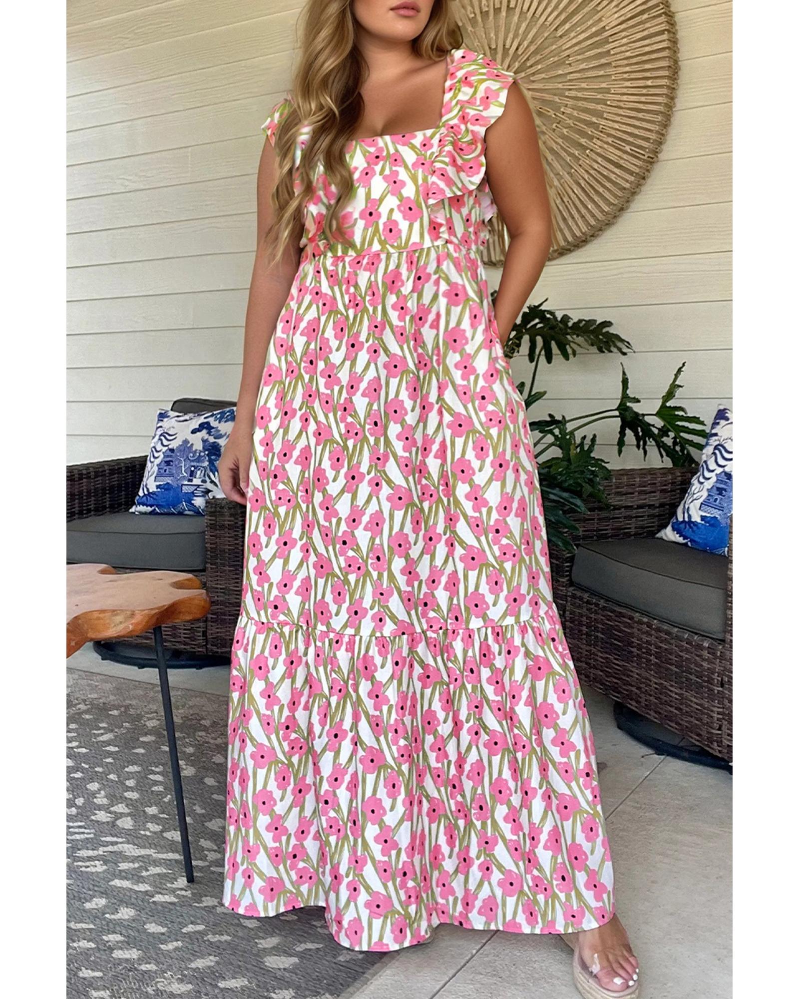 V539-AZEXPL6119896-P1020-3X-202508310215-00 Pink Plus Size Ruffle Trim Square Neck High Waist Floral Maxi Dress - 3X - Image 1