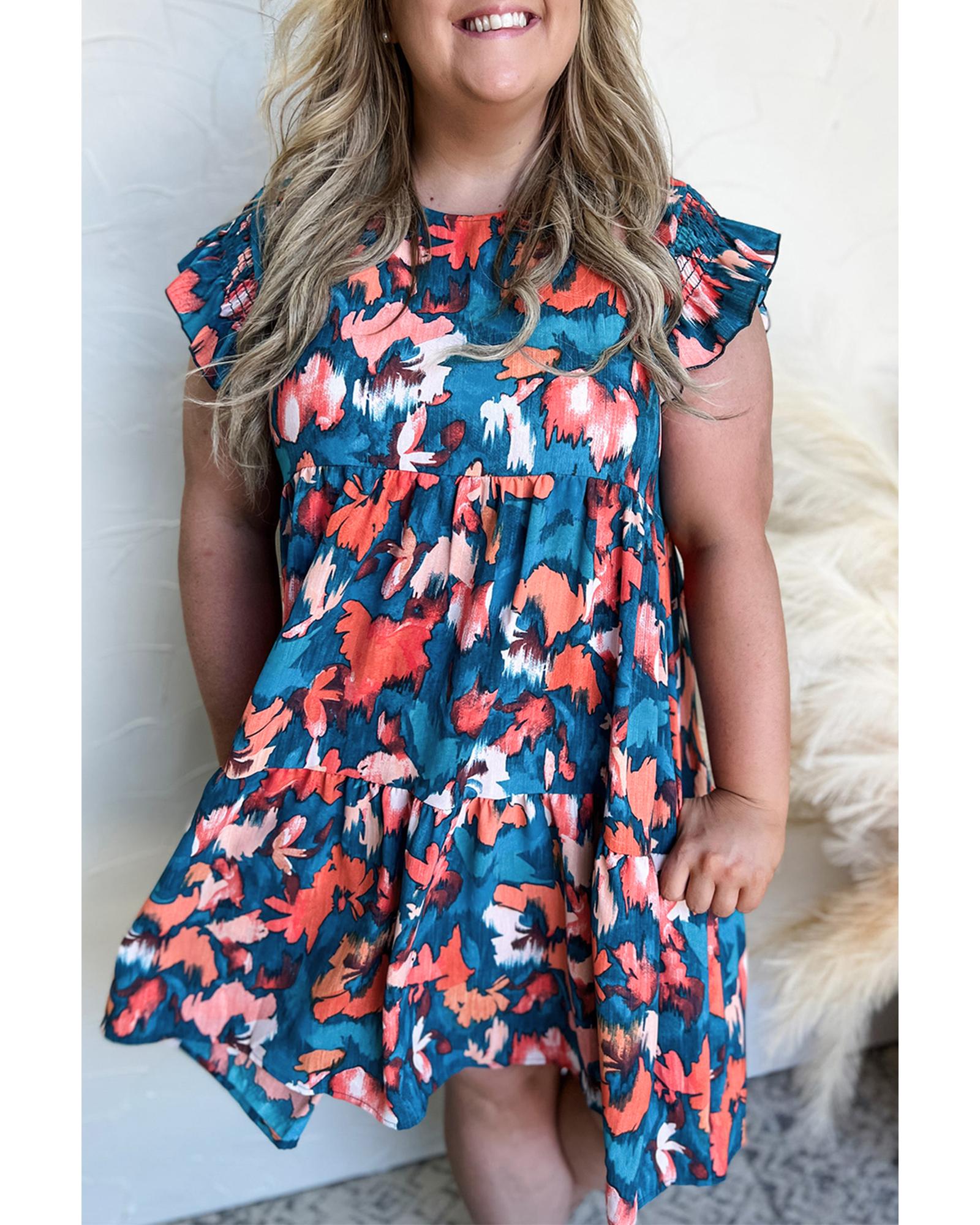 V539-AZEXPL612351-P520-1X-202506152045-00 Blue Abstract Print Shirred Ruffled Short Sleeve Tiered Plus Size Mini Dress - 1X - Image 1