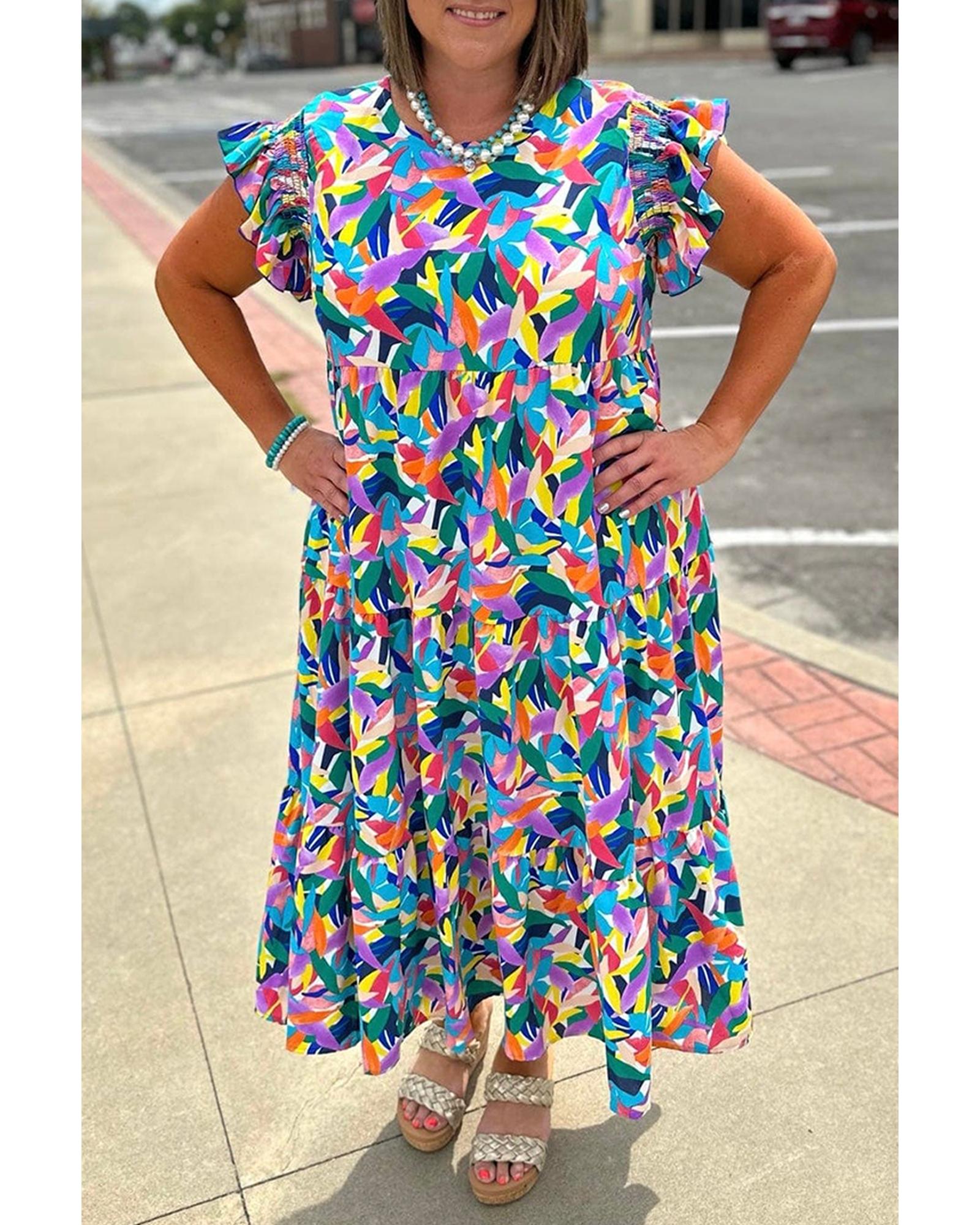 V539-AZEXPL612560-P520-4X-202508301520-00 Blue Geometric Print Ruffled Short Sleeve Plus Size Tiered Maxi Dress - 4X - Image 1