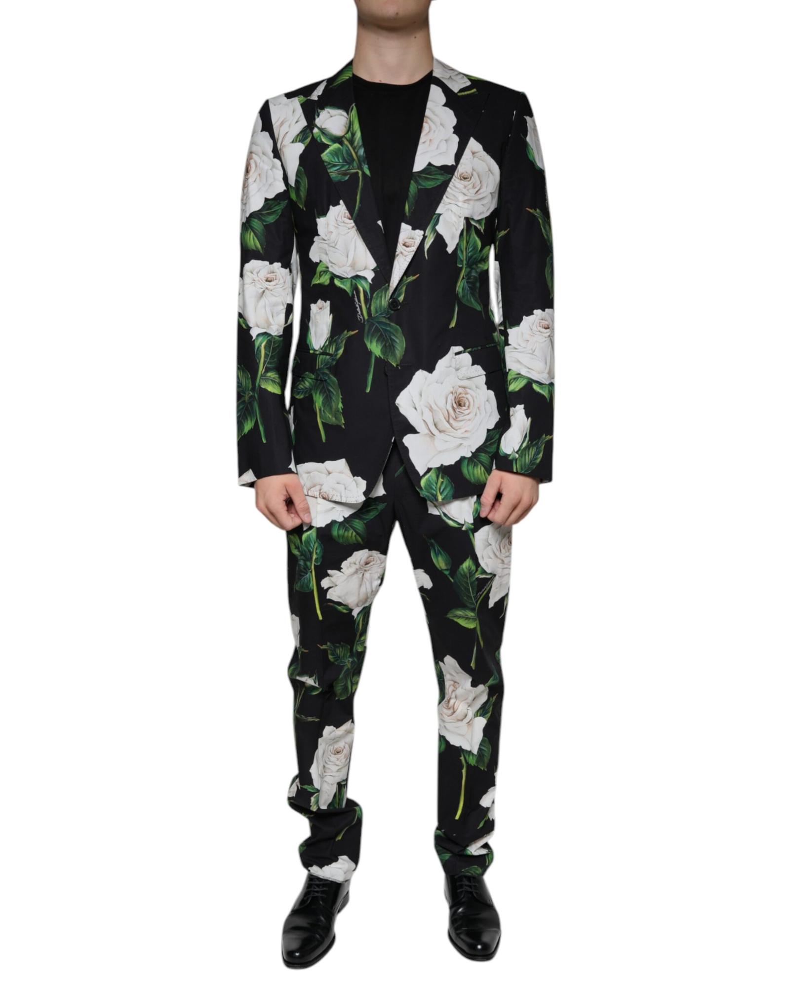 V539-KOS2245-50-202506170453-00 Dolce & Gabbana Men's Black Rose Cotton Formal 2 Piece Suit - 50 IT - Image 1