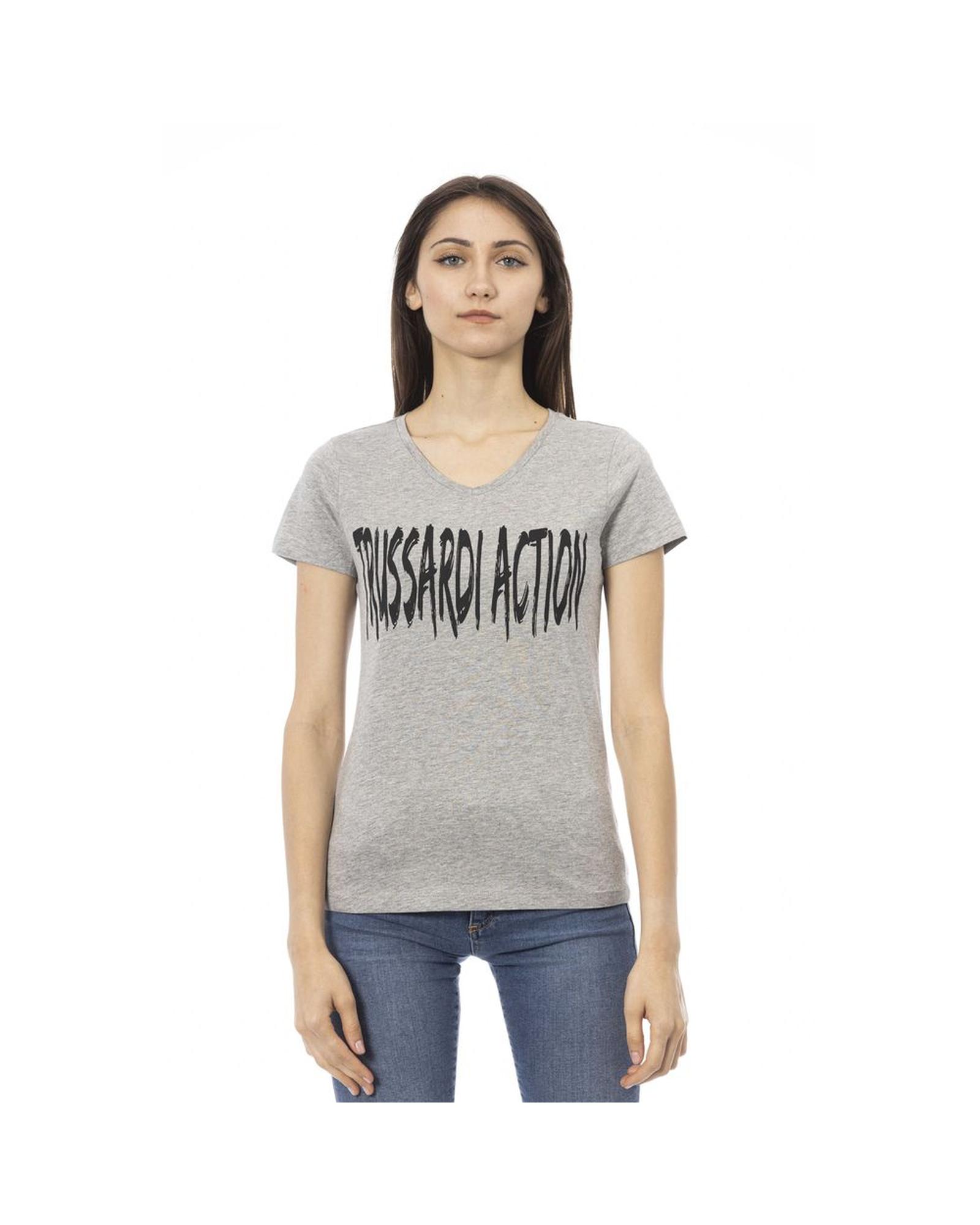 V539-TR-24174-L-202506181311-00 Trussardi Action Women's Elegant Gray V-Neck Tee with Chic Print - L - Image 1