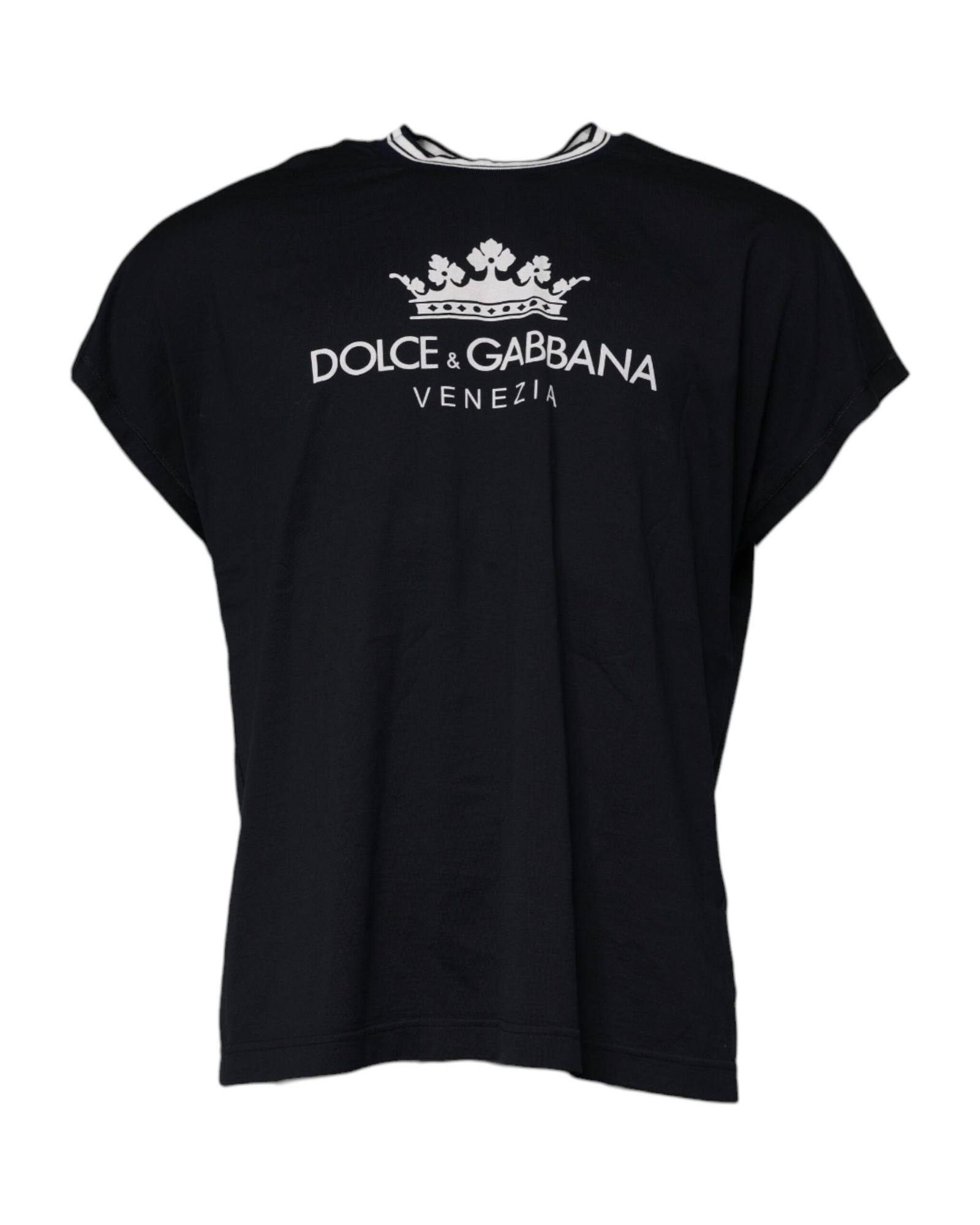 V539-TSH90053-52-202506181202-00 Dolce & Gabbana Men's Dark Blue Logo Crown Cotton Crew Neck T-shirt - 52 IT - Image 1