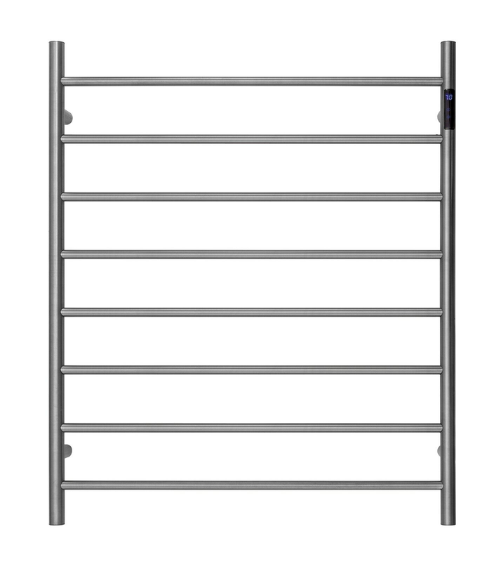 V549-10085ROUNDLEDBRUSHNICKEL-109666-00 Premium Brushed Nickel Heated Towel Rack with LED control- 8 Bars, Round Design, AU Standard, 1000x850mm Wide - Image 1