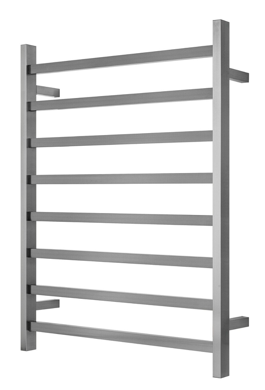 V549-10085SQUAREHEATBRUSHNICKEL-109649-00 Premium Brushed Nickel Heated Towel Rack - 8 Bars, Square Design, AU Standard, 1000x850mm Wide - Image 1