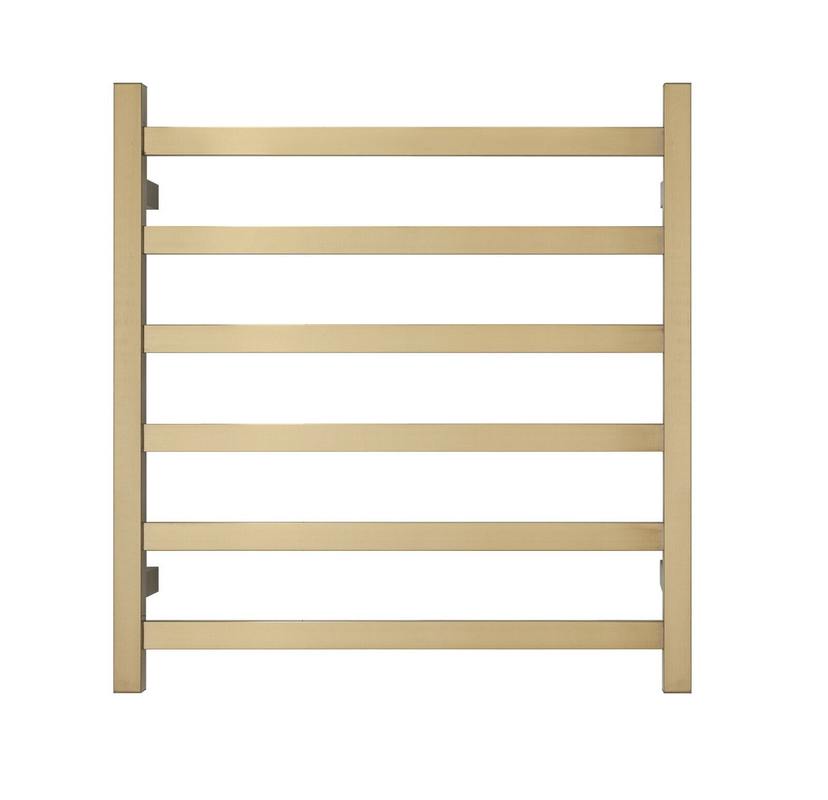 V549-6562SQUAREHEATGOLD-109747-00 Premium Brushed Gold Heated Towel Rack - 6 Bars, Square Design, AU Standard, 650x620mm Wide - Image 1