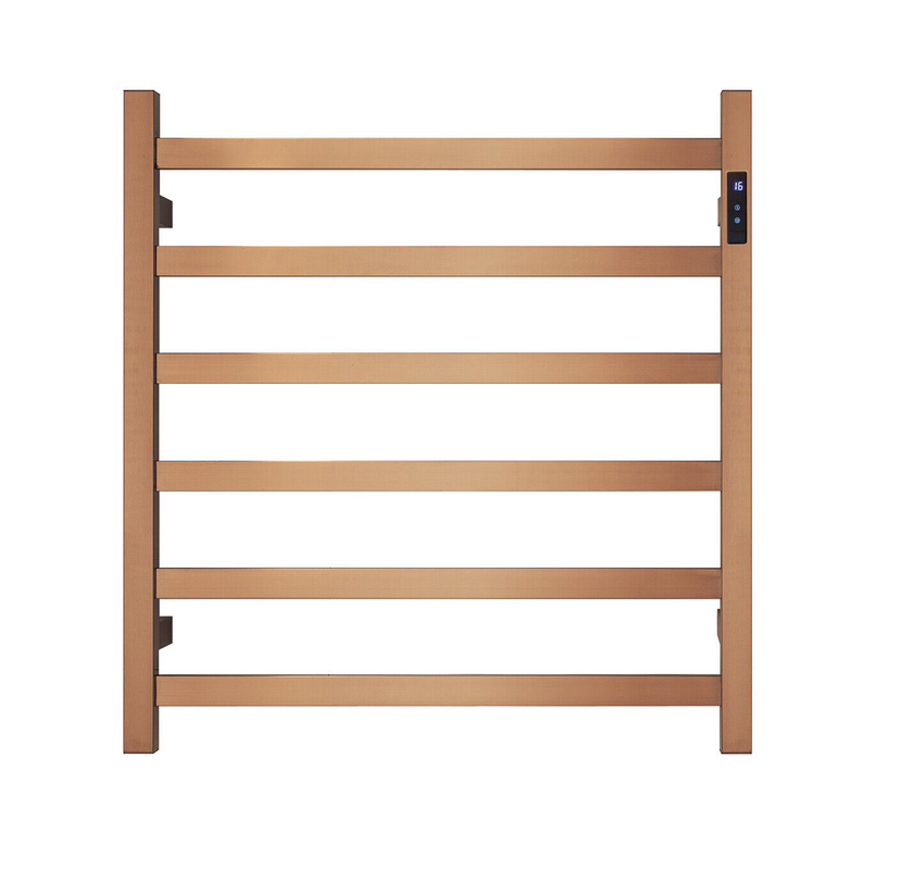V549-6562SQUARELEDBRUSHROSE-109768-00 Premium Brushed Rose Gold Heated Towel Rack with LED control- 6 Bars, Square Design, AU Standard, 650x620mm Wide - Image 1