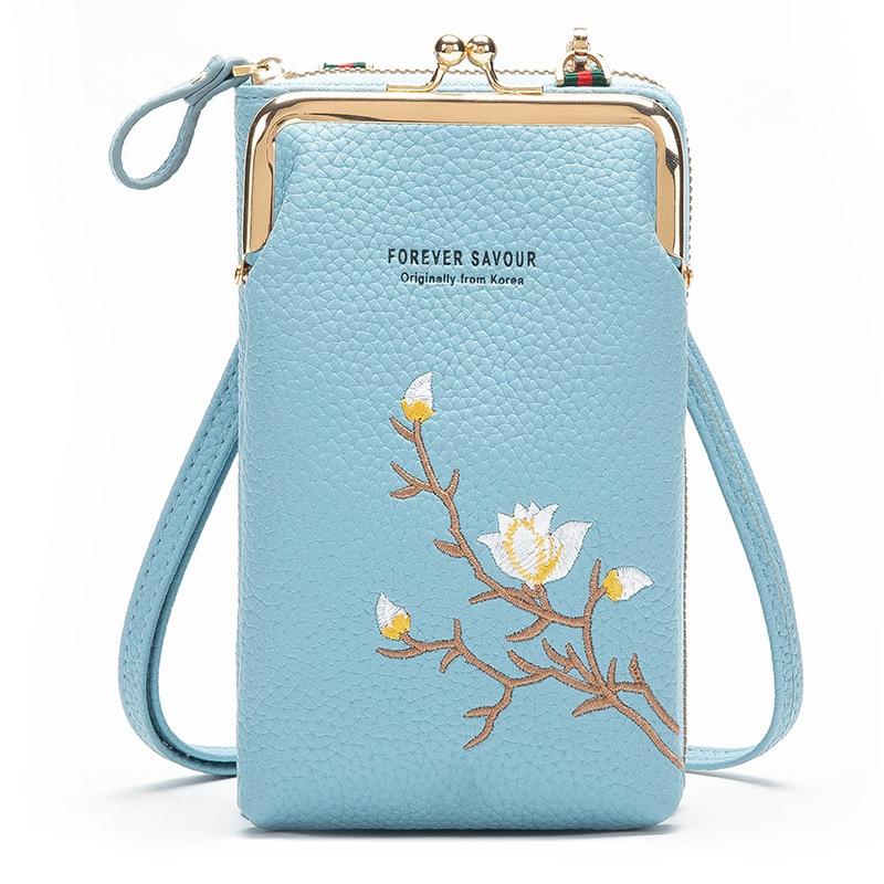 V562-5010934060DBT-202505191510-00 Black Embroidered Single Shoulder Phone Bag Wallet - Blue - Image 1