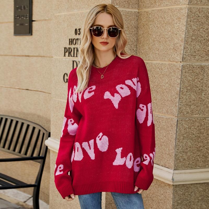 V562-A1048123060DBT-202505261938-00 Women Round Neck Knitted Sweater Letters Jacquard Pullover Sweater - Size S - Red - Image 1