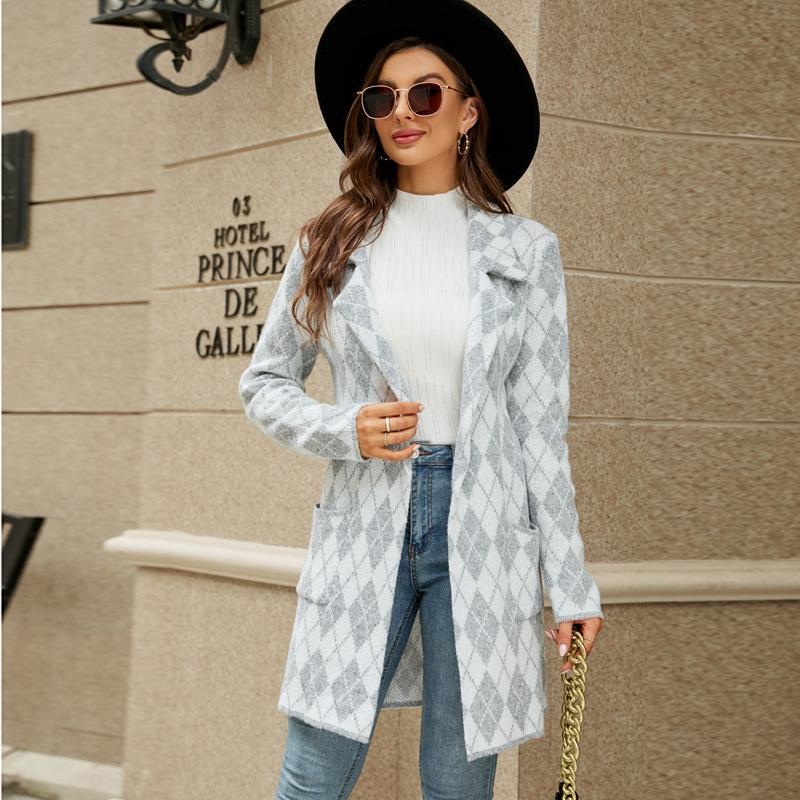 V562-A3025913060DBT-202505262022-00 Autumn And Winter Long Sweater Collision Colour Knitted Cardigan Trench Coat - Light Grey - L - Image 1