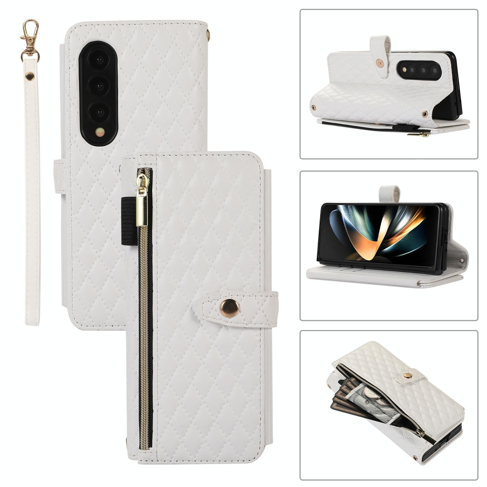 V562-A307541500ADE-202503211405-00 For Samsung Galaxy Z Fold4 5G Foldable Diamond Lattice Phone Case - White - Image 1