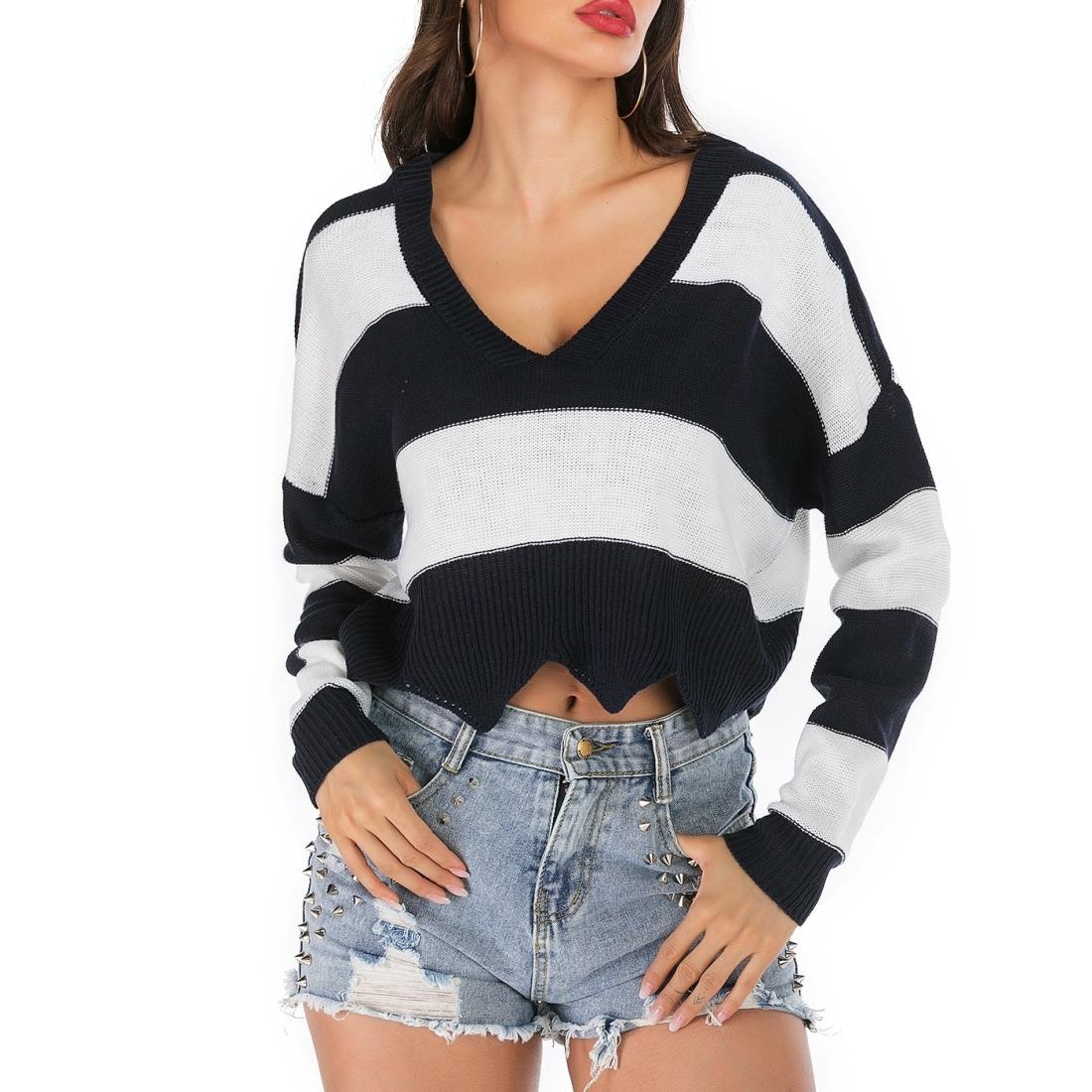 V562-AA29487852YZ-202505262030-00 Striped Fashion Casual Pullover - Dark Blue S - Image 1