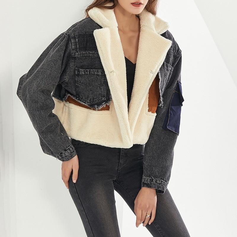 V562-AA83216185YZ-202505262031-00 Plush Thick Denim Stitching Lamb Fur Lapel Cotton Jacket - Black S - Image 1