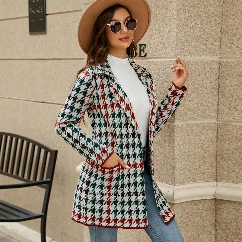 V562-B1025913060DBT-202505262025-00 Autumn And Winter Long Sweater Collision Colour Knitted Cardigan Trench Coat - Houndstooth - S - Image 1