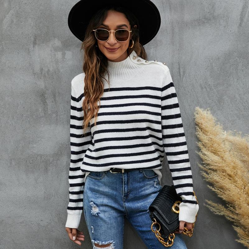 V562-B3023123060DBT-202505261941-00 Women Striped Knitwear Loose Stand-Up Collar Pullover Sweater - Black And White - M - Image 1