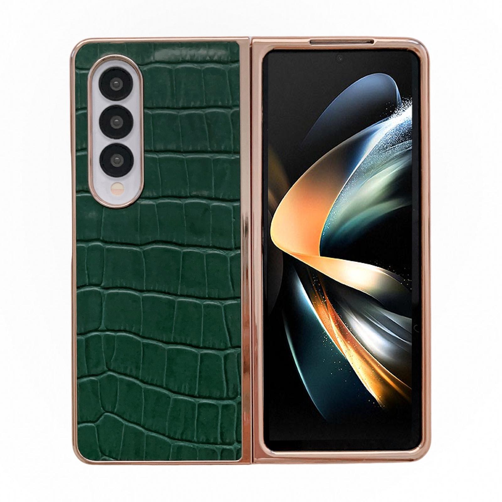 V562-B904538300ADE-202505221848-00 For Samsung Galaxy Z Fold4 5G Crocodile Leather Phone Case - Electroplated - Dark Green - Image 1