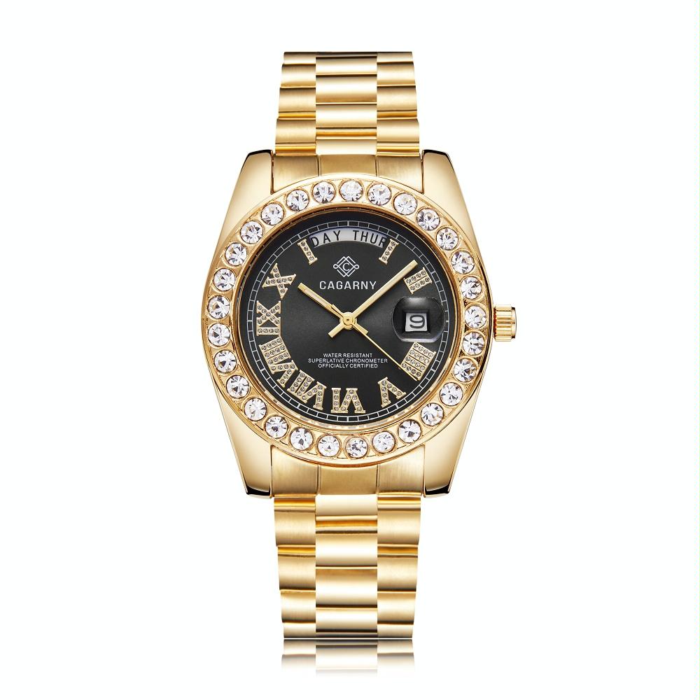 V562-C101399200ADE-223830-00 Men Quartz Watch with Diamond-encrusted Roman Numeral Dial - Gold Shell Black Dial - Image 1