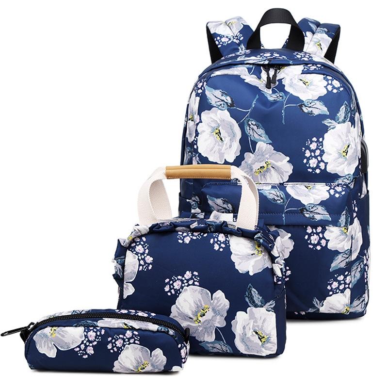 V562-C1026805850DBT-202505271245-00 Small Fresh Printed Backpack Set - 3 Pieces for Students - Dark Blue - Image 1