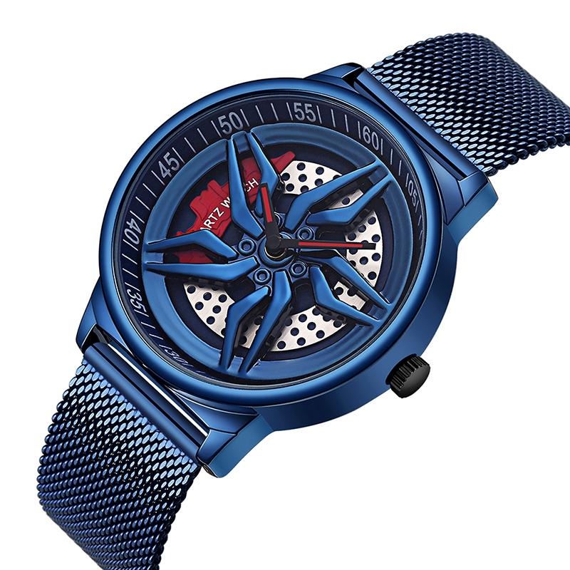 V562-C103332200ADE-202504181125-00 Men 360 Degree Hollow Dial Mesh Strap Quartz Watch - Spinning Design - Blue - Image 1