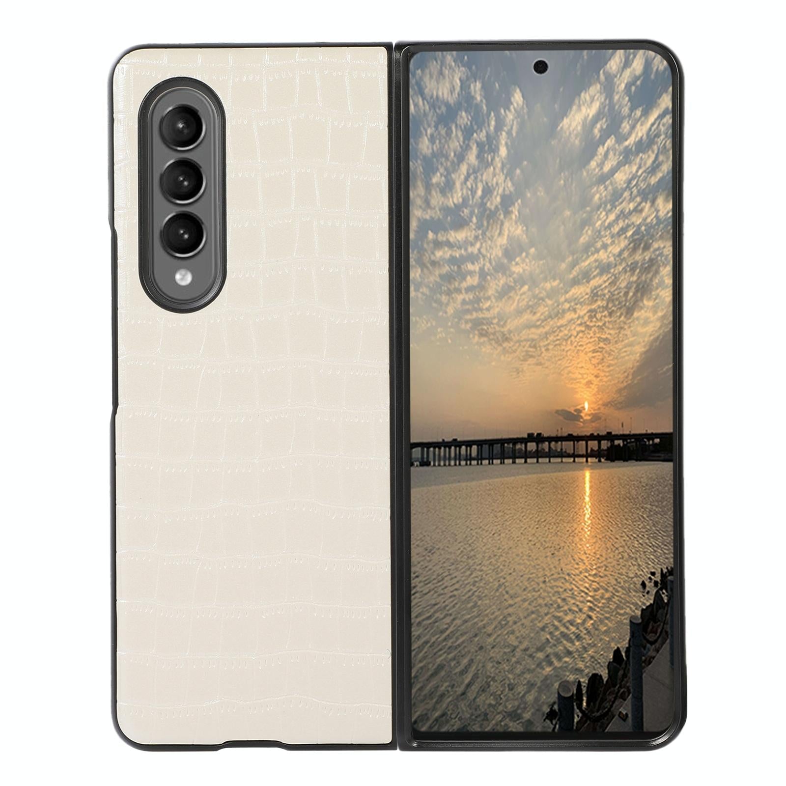 V562-D103370300ADE-202504292105-00 For Samsung Galaxy Z Fold4 5G Foldable Crocodile Texture Phone Case - Pu Leather - White - Image 1