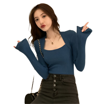 V562-D1064593940DBT-202505262105-00 Square Collar Exposed Clavicle T-Shirt Fake Two-Piece Knitted Long-Sleeved Bottoming Shirt - Size Free Size Blue - Image 1