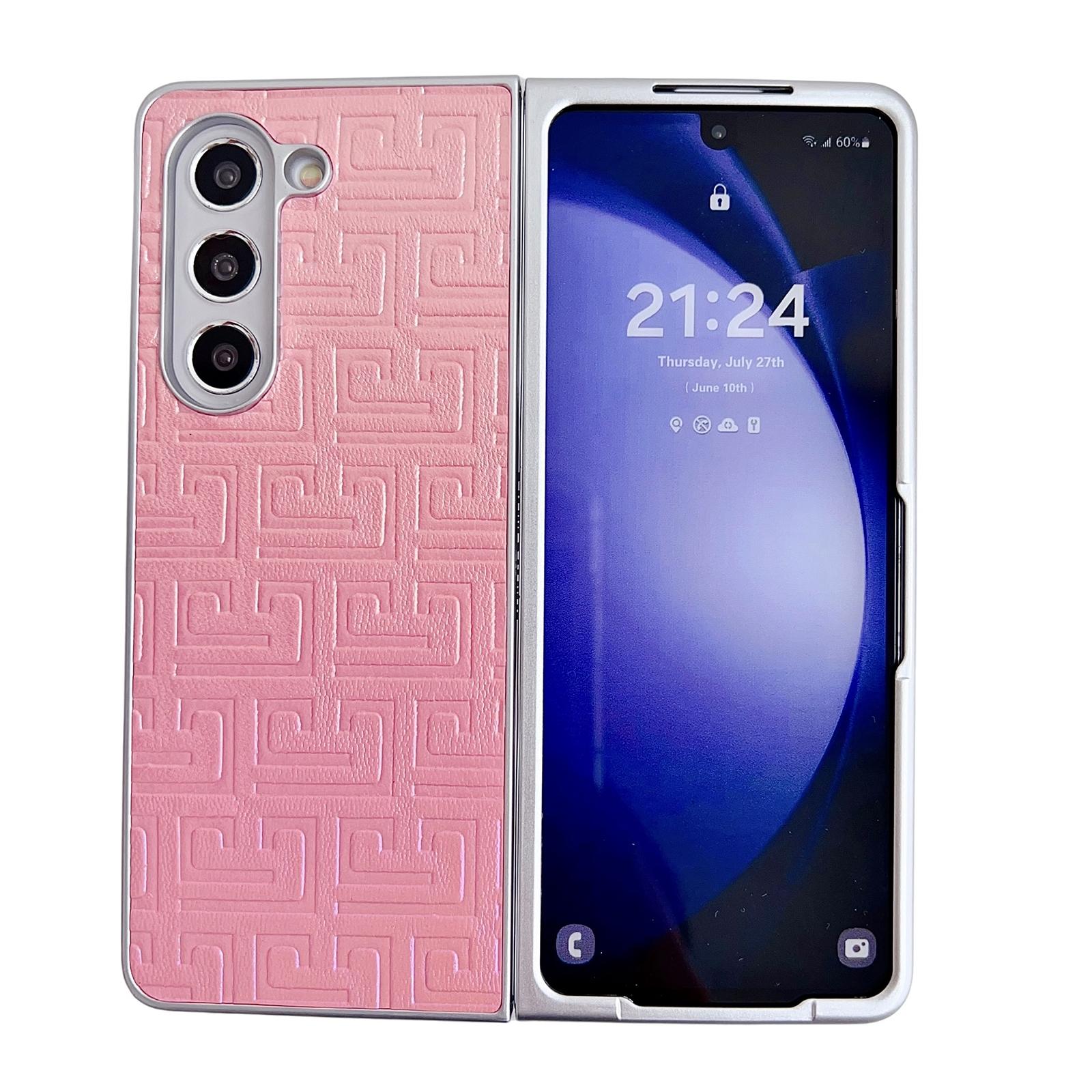 V562-D200612600ADE-202503211445-00 For Samsung Galaxy Z Fold4 5G Geometric Gradient Leather Phone Case - Pearlescent Finish - Pink - Image 1
