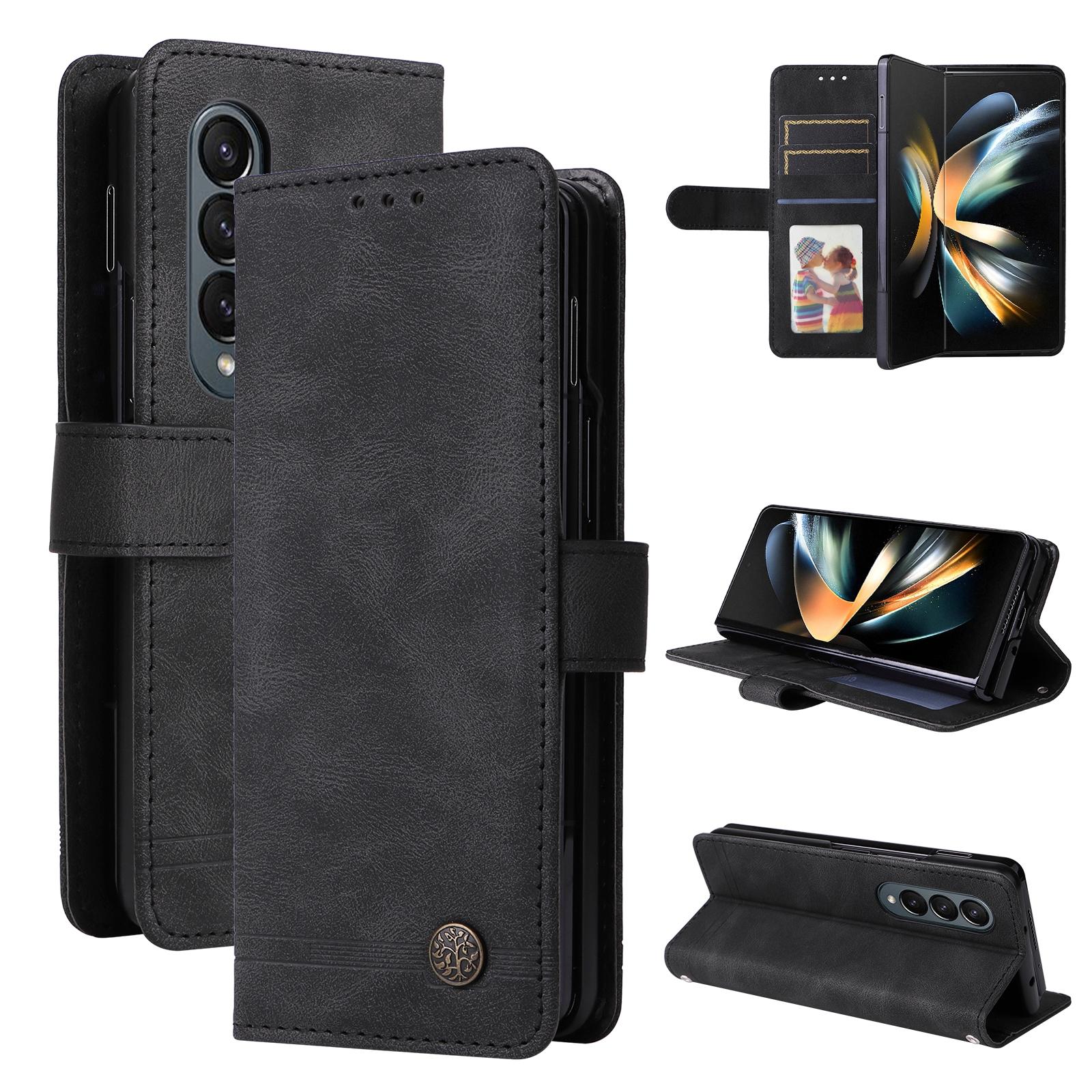 V562-D201373400ADE-202503211346-00 For Samsung Galaxy Z Fold4 5G Metal Button Leather Case - Tree Design - Black - Image 1