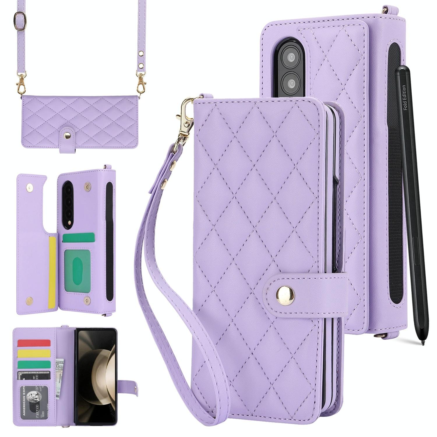 V562-E205225600ADE-202504292048-00 For Samsung Galaxy z Fold4 5G Multifunctional Rhombic Leather Crossbody Phone Case - Purple - Image 1