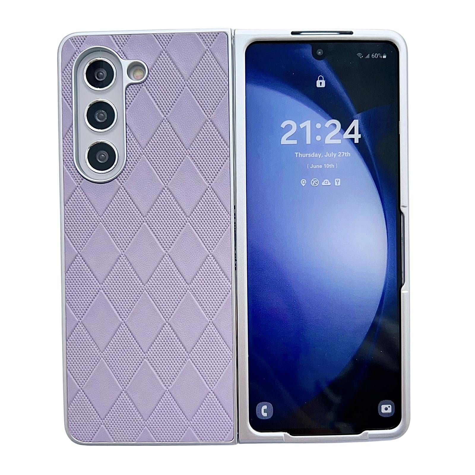V562-E206712600ADE-202505221922-00 For Samsung Galaxy Z Fold4 5G Checkered Leather Phone Case With Pearlescent Finish - Purple - Image 1