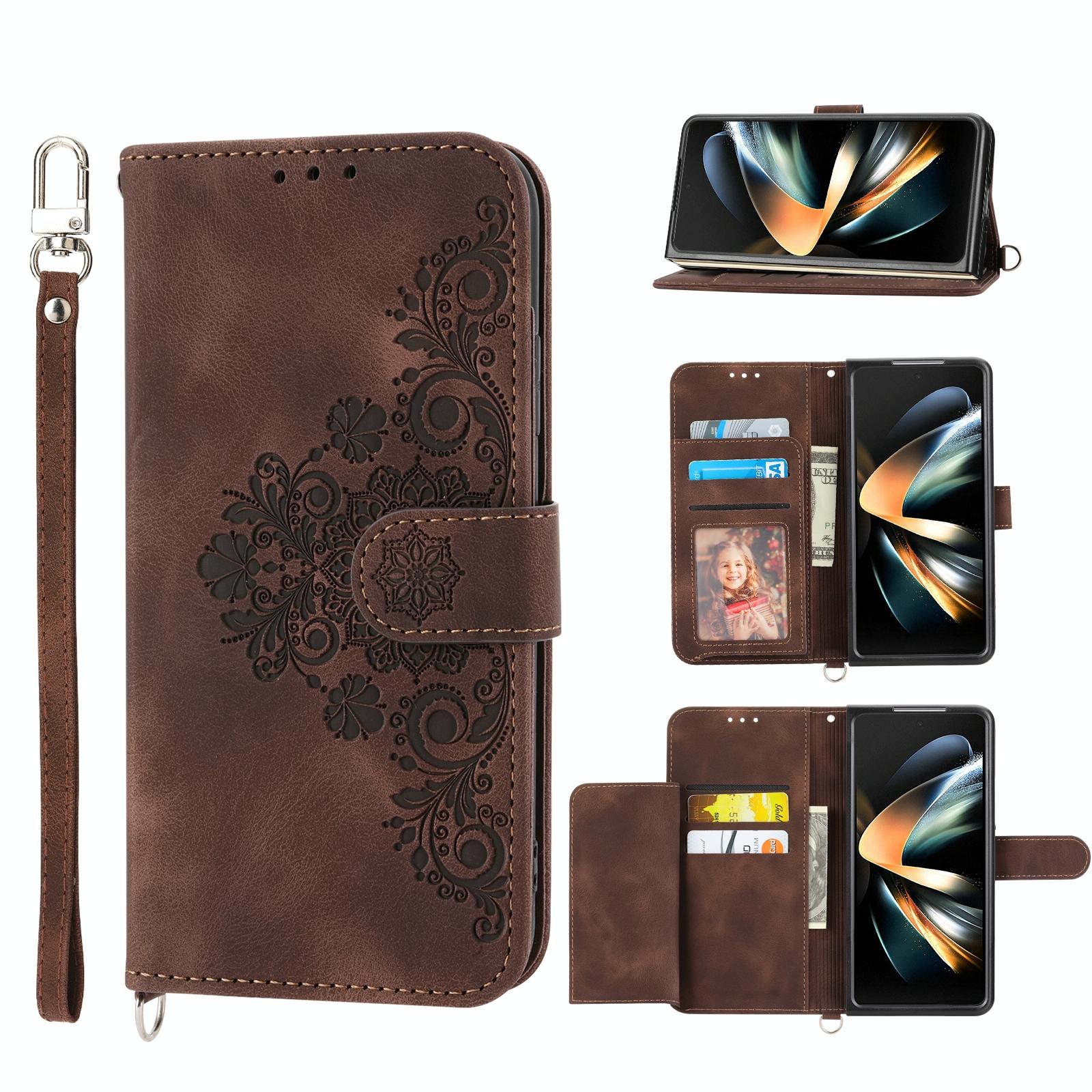 V562-E407558300ADE-202503211335-00 For Samsung Galaxy Z Fold4 5G Floral Leather Phone Wallet - Embossed - Brown - Image 1