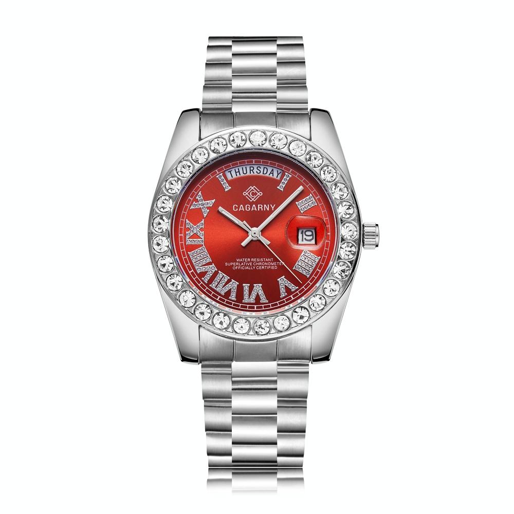 V562-F101399200ADE-223833-00 Men Quartz Watch with Diamond-encrusted Roman Numeral Dial - Silver Shell Red Dial - Image 1