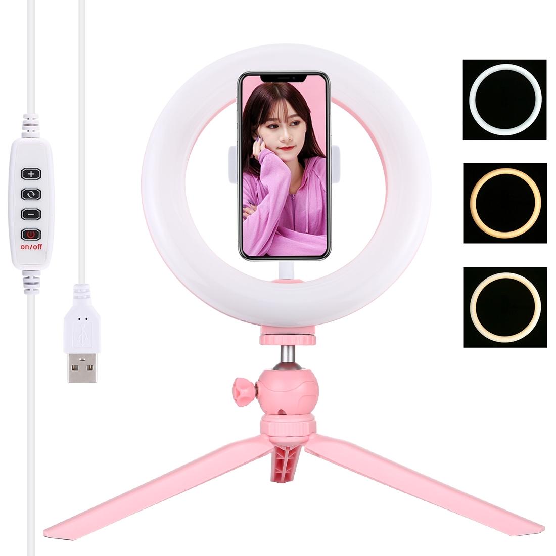V562-F3703TKP-221810-00 7.9 Led Ring Light with Tripod and Phone Clamp - 3 Modes Dimmable Dual Colour Temperature - Pink - Image 1