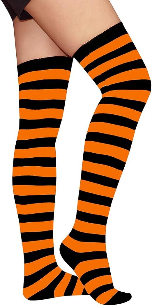 V563-15350-ORANGE_BLACK-184356-00 OVER THE KNEE SOCKS Plain Striped High Thigh Ladies Long Womens Stripey Stocking - Orange/Black - Image 1