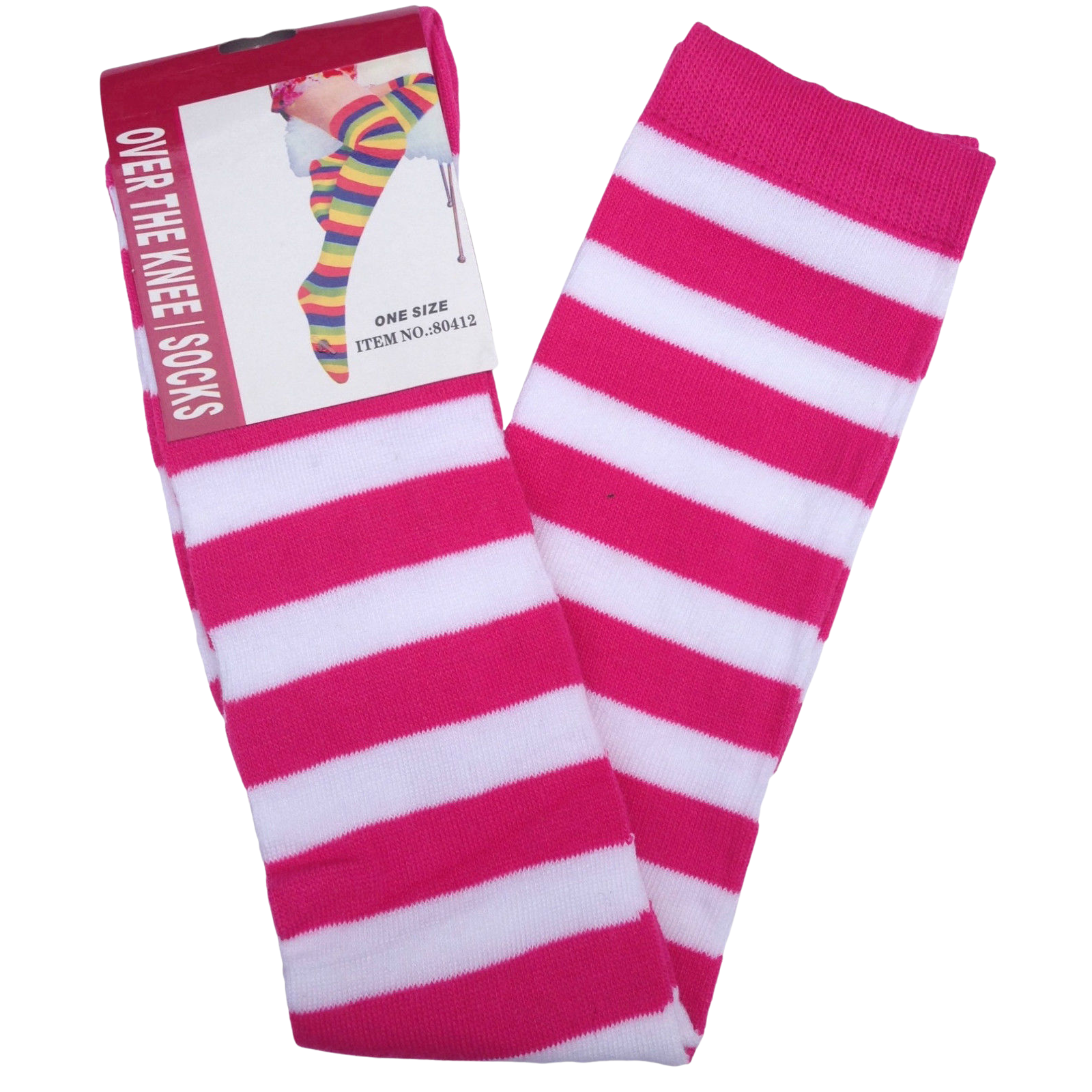 V563-15350-PINK_WHITE-184374-00 OVER THE KNEE SOCKS Plain Striped High Thigh Ladies Long Womens Stripey Stocking - Pink/White - Image 1