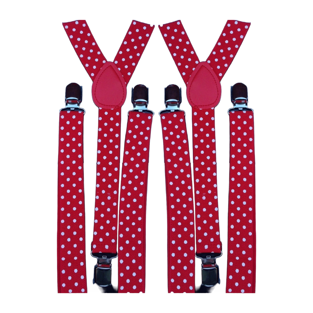 V563-2SLIMSUSPEND-REDWHTPLKDOT-184309-00 2x Mens Suspenders Braces Adjustable Strong Clip On Elastic Formal Wedding Slim - Red with White Polka Dot - Image 1