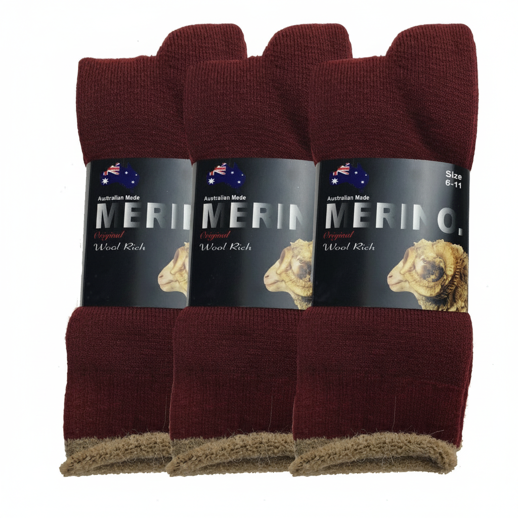 V563-3AUSOCKS-BURG-SZE6-11-202509081330-00 3 Pairs MERINO WOOL SOCKS Mens Heavy Duty Premium Thick Work Socks Cushion - Burgundy - 6-11 - Image 1