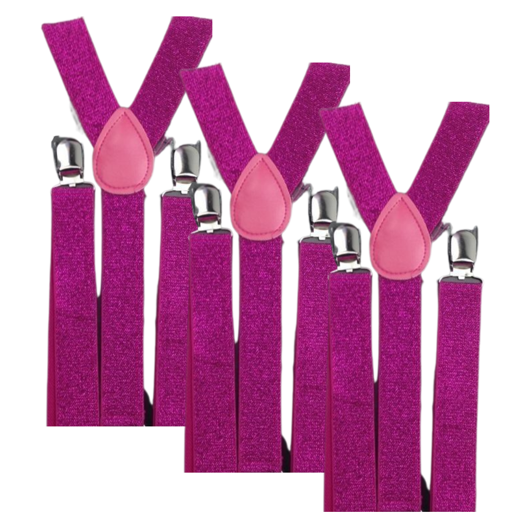 V563-3SLIMSUSPENDERS-HTPNKGLIT-184458-00 3x Mens Suspenders Braces Adjustable Strong Clip On Elastic Formal Wedding Slim - Hot Pink (Glitter) - Image 1