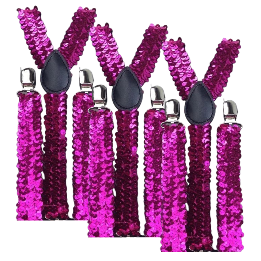 V563-3SLIMSUSPENDERS-HTPNKSEQN-184462-00 3x Mens Suspenders Braces Adjustable Strong Clip On Elastic Formal Wedding Slim - Hot Pink (Sequin) - Image 1