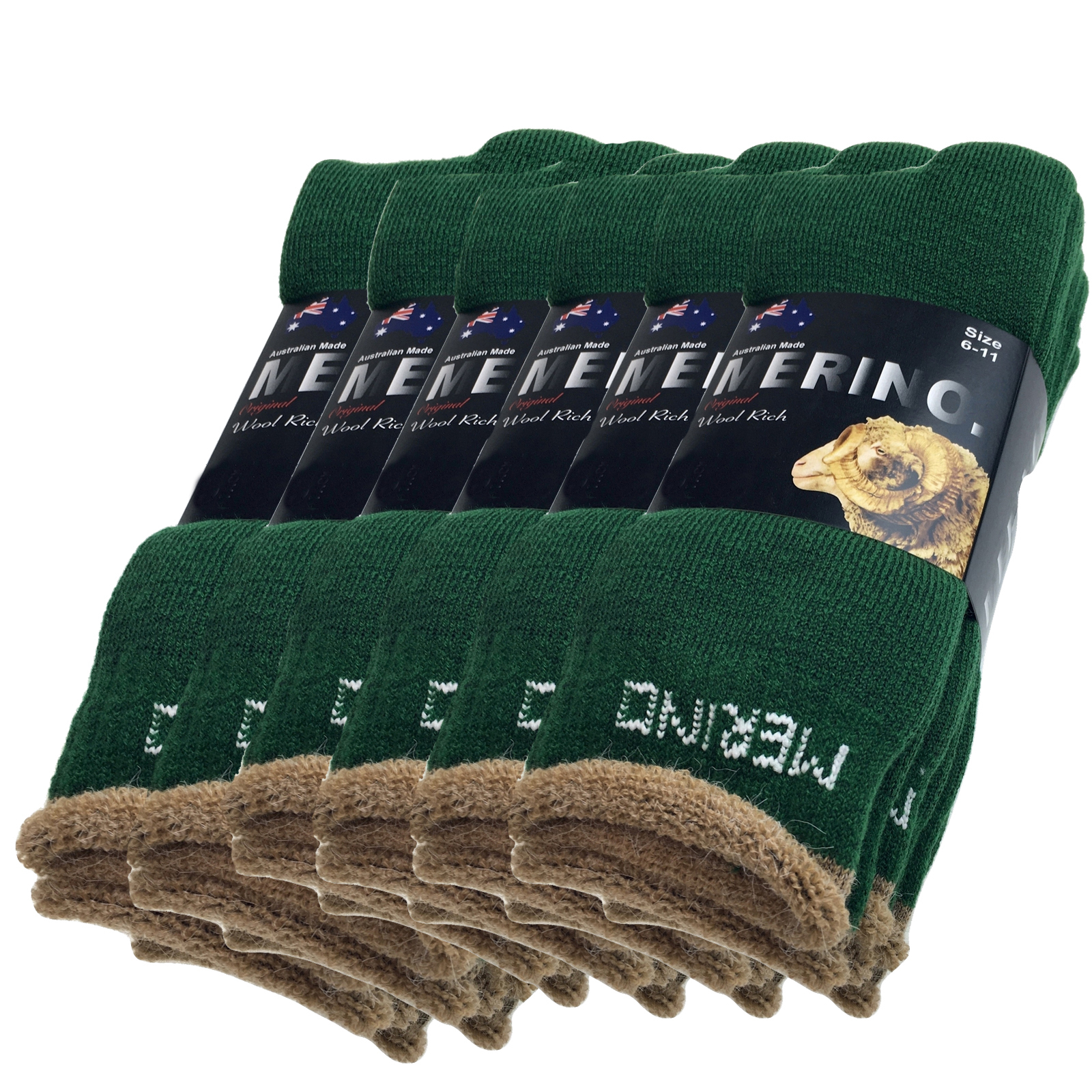 V563-6AUSOCKS-GRN-6-11-202502280910-00 6 Pairs MERINO WOOL SOCKS Mens Heavy Duty Premium Thick Work Socks Cushion BULK - Green - 6-11 - Image 1