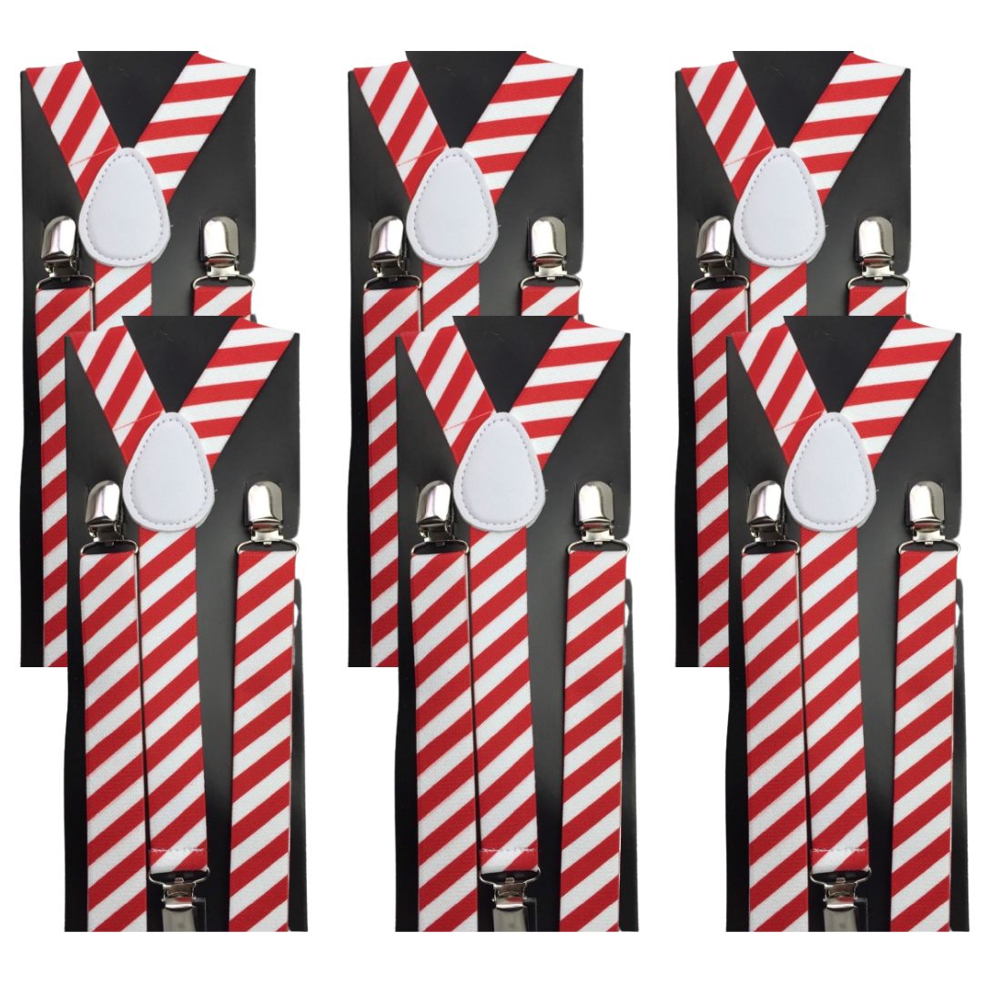 V563-6SLIMSUSPEND-REDWHTDIASTR-202503061036-00 6x Mens Suspenders Braces Adjustable Strong Clip On Elastic Formal Wedding BULK - Red/White Diagonal Stripes - Image 1