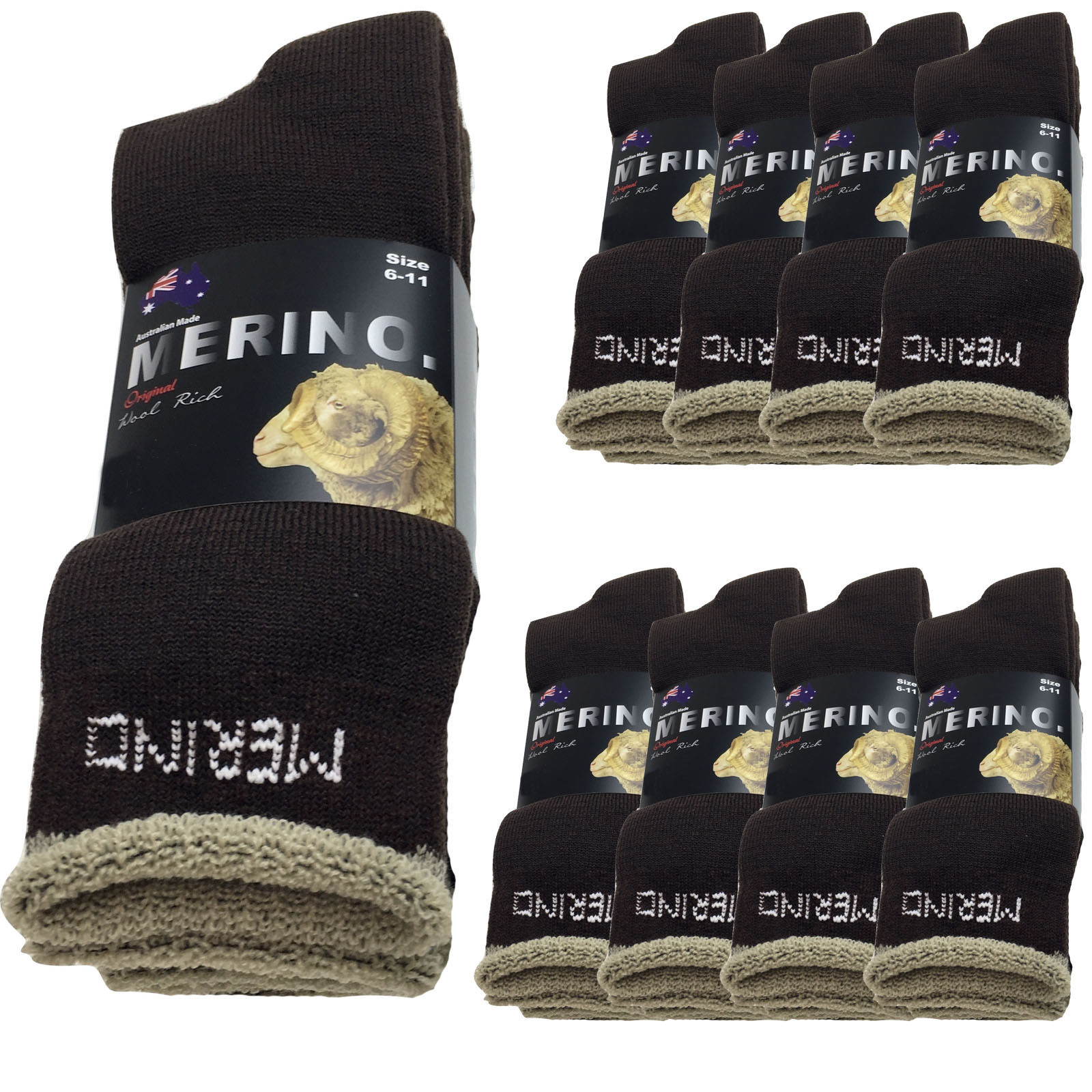 V563-9AUSOCKS-BRN-11-14-202502280911-00 9 Pairs MERINO WOOL SOCKS Mens Heavy Duty Premium Thick Work Socks Cushion BULK - Brown - 11-14 - Image 1